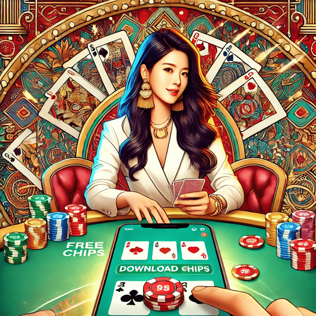 1 A vibrant and engaging illustration featuring a Korean model enjoying Teen Patti Gold download, an Indian multiplayer card game. The model is seated at a luxur-min